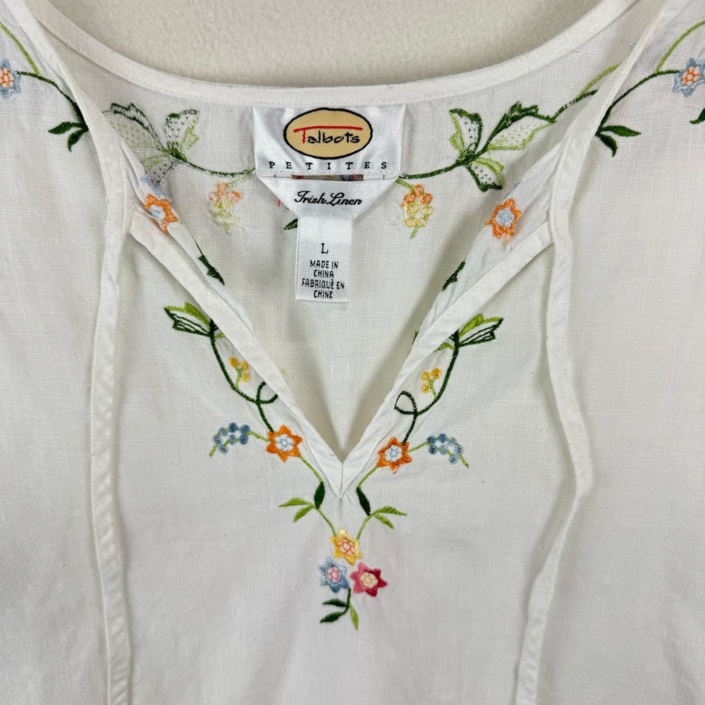 Talbots Petites Pure Irish Linen Embroidered Smock Tunic Blouse Size LP